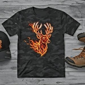 Flaming Deer Camo Tee • Fire Buck Graphic Shirt • Hunting Outdoors Men’s Tee